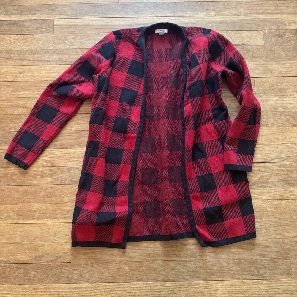 Croft & Barrow red black buffalo plaid open front sweater size small S
b18